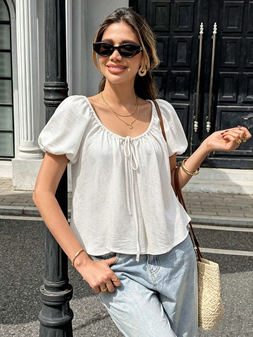 ZARA Puff Sleeve Short Sleeve Tee Drawstring Neck Korean Casual